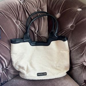 RACHEL ZOE Capri Natural Cotton Canvas Tote Mix Media Vegan Roomy Cream & Black